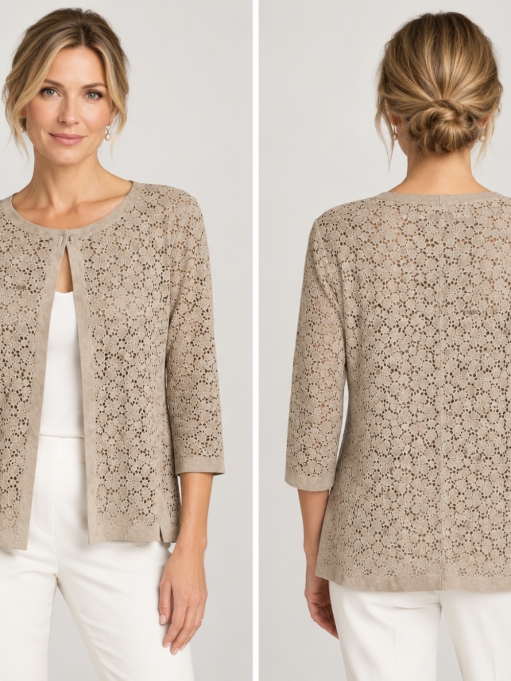 VTG Armani Collezioni Perforated Suede Open Front Jacket Beige IT 44 US 8